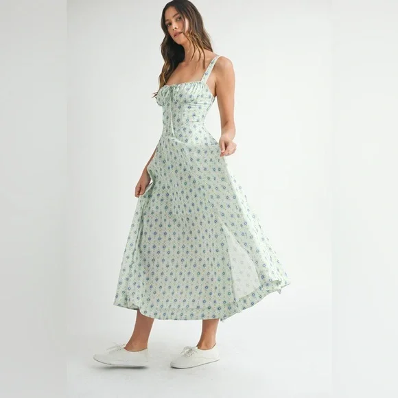 MABLE Floral Print Bustier Back Lace Up Midi Dress - Picture 3 of 14